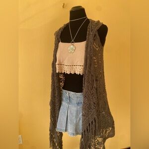 Grey Crochet Sleeveless Cardigan with Fringe & Hood